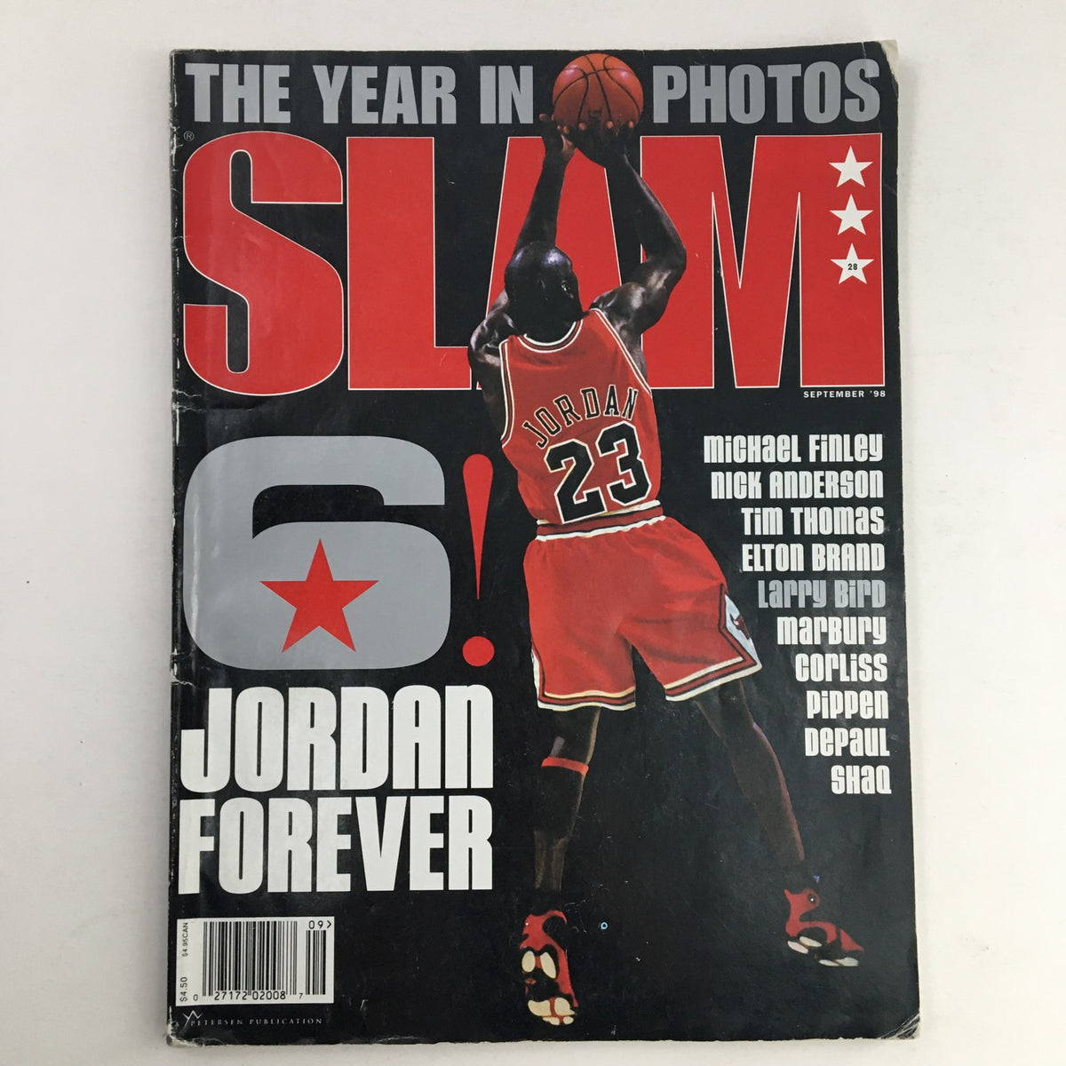 Slam Magazine September 1998 featuring Chicago Bulls' Michael Jordan on cover, showcasing his iconic jersey number 23 with the title 'Jordan Forever' positioning him as a basketball legend.