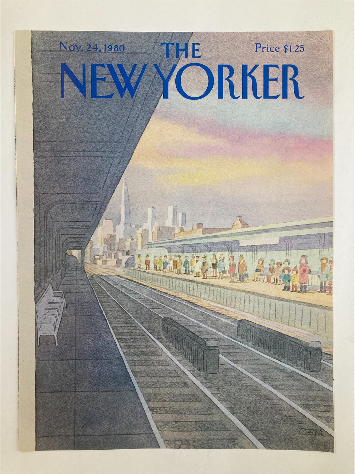 Cover of The New Yorker November 24, 1980, by Charles E. Martin, depicting a train station with commuters amidst a soft sunset atmosphere.