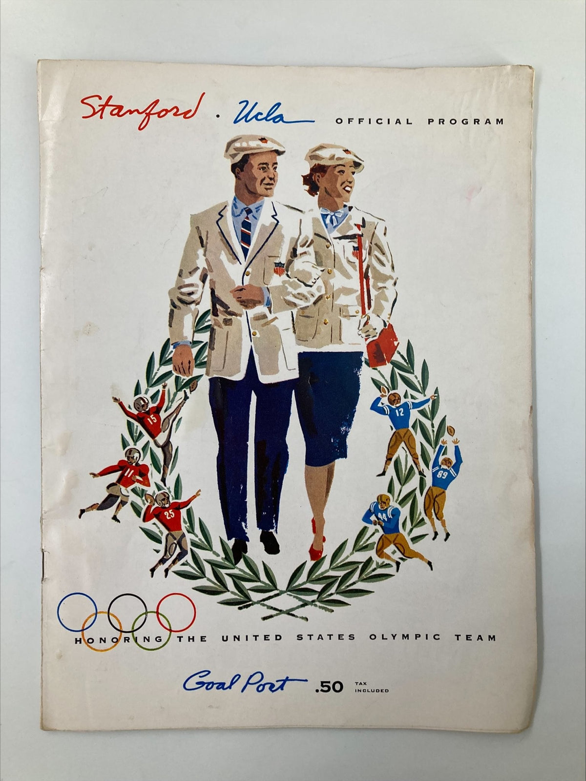 Vintage cover of the November 3, 1956 NCAA Football Stanford Cardinal vs. UCLA Bruins Goal Post Program featuring two athletes in formal wear, honoring the United States Olympic Team.