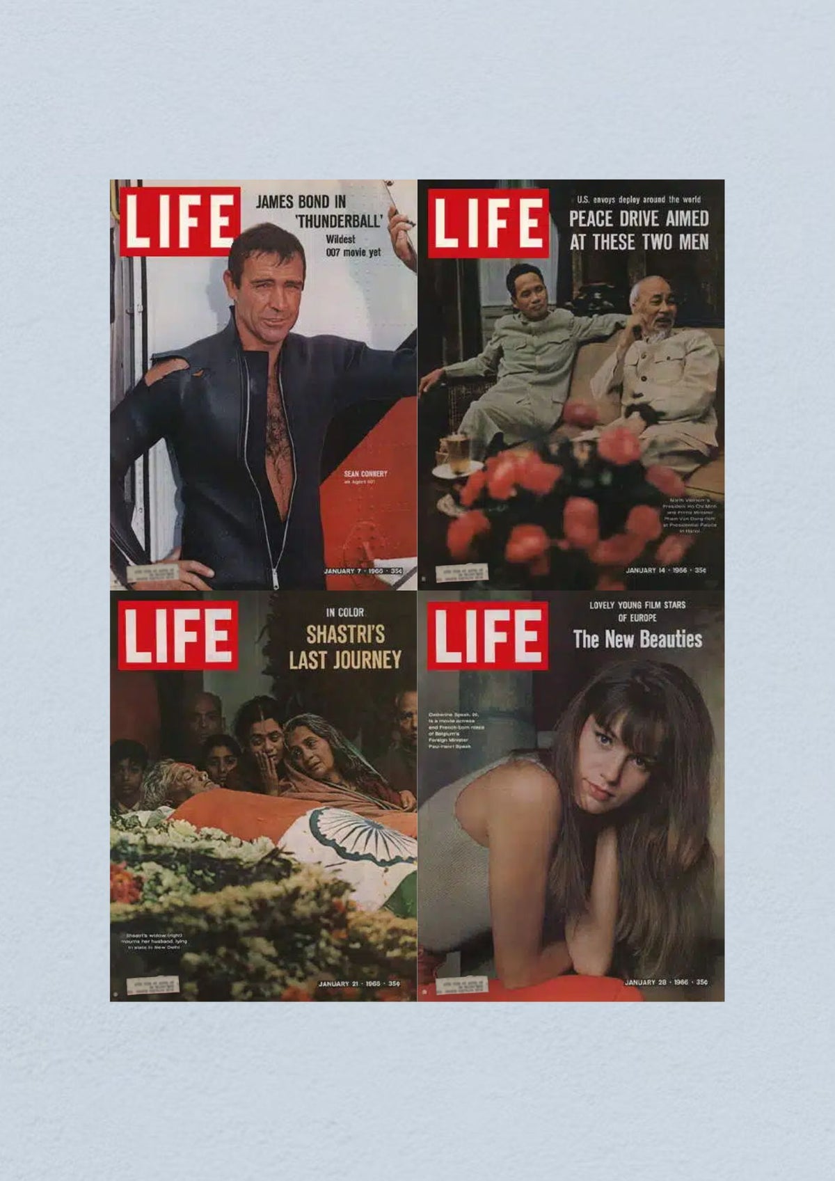 Life Magazine Lot of 4 Full Month of January 1966 featuring covers from January 7, 14, 21, and 28, showcasing historical significance, with Sean Connery from Thunderball, leaders Ho Chi Minh and General Nguyen Van Thieu, a tribute to Shastri, and models highlighting beauty.