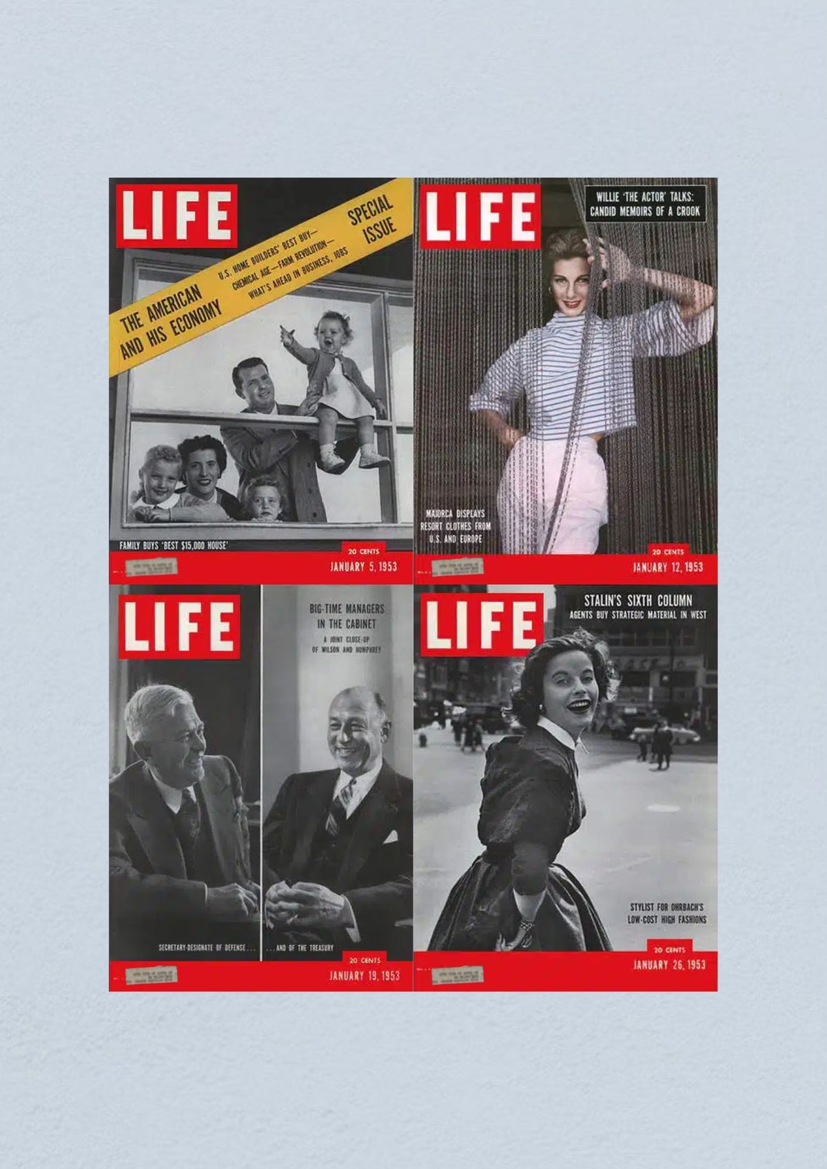 Life Magazine Lot of 4 Full Month of January 1953 featuring covers from January 5, 12, 19, and 26. Colorful snapshots of American culture and fashion, including topics on the economy and resort fashion.