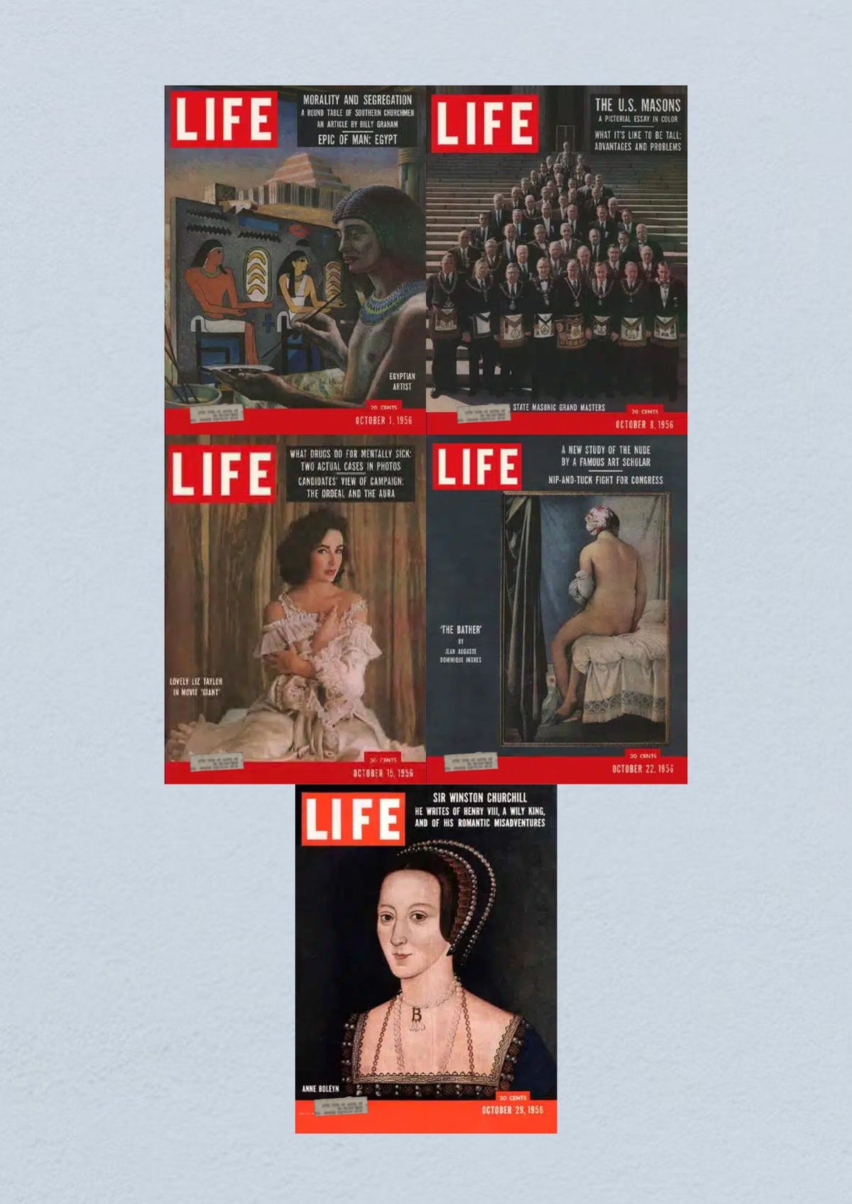 Life Magazine Lot of 5 Full Month October 1956 - Cover featuring Ancient Egypt and discussions on morality and segregation.