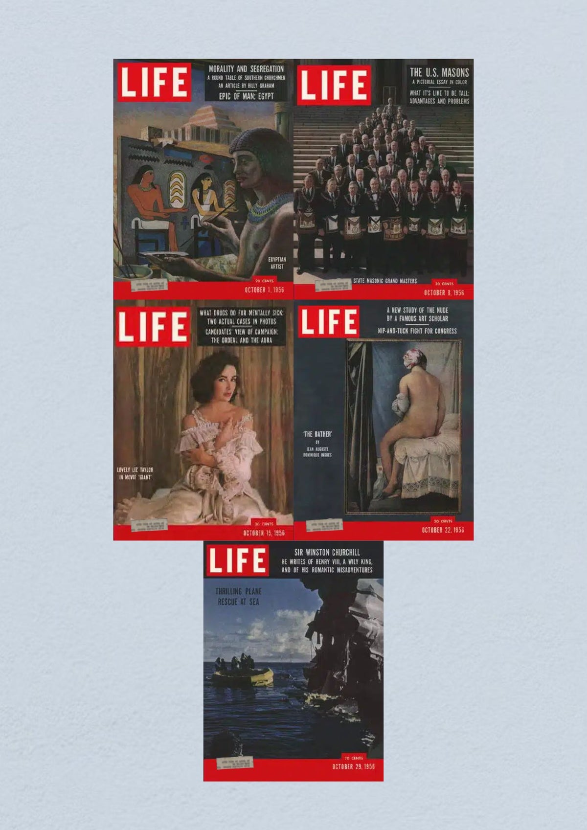 Life Magazine Lot of 5 Full Month October 1956 - Cover showcasing the U.S. Masons and topics including Sir Winston Churchill.