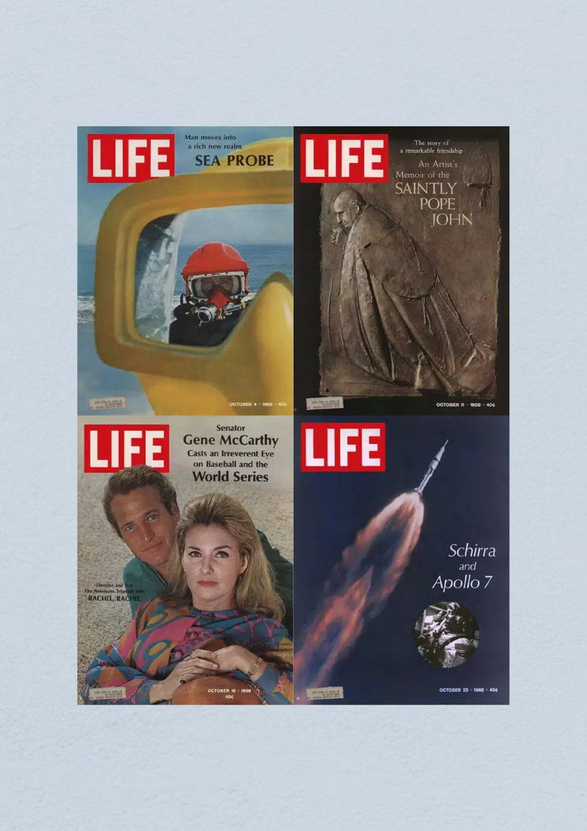 Life Magazine Lot of 4 Full Month of October 1968, featuring the October 4 issue with focus on 'Sea Probe', the October 11 issue highlighting 'Pope John XXIII Artist’s Memoir', the October 18 issue showcasing Paul Newman and Joann Woodward, and the October 25 issue discussing 'Schirra and Apollo 7'.