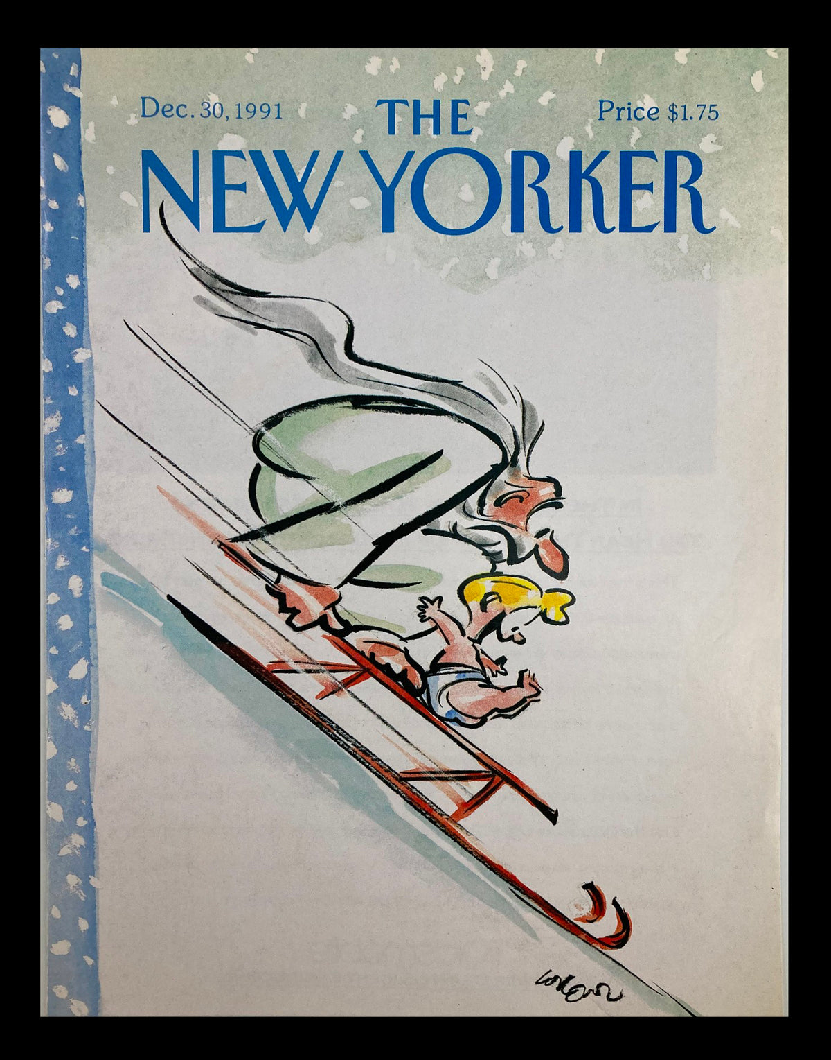 Cover of The New Yorker from December 30, 1991, titled 'Baby Delivery' illustrated by Lee Lorenz, featuring a whimsical scene of a child on a sled with an adult, showcasing humor and artistic charm.