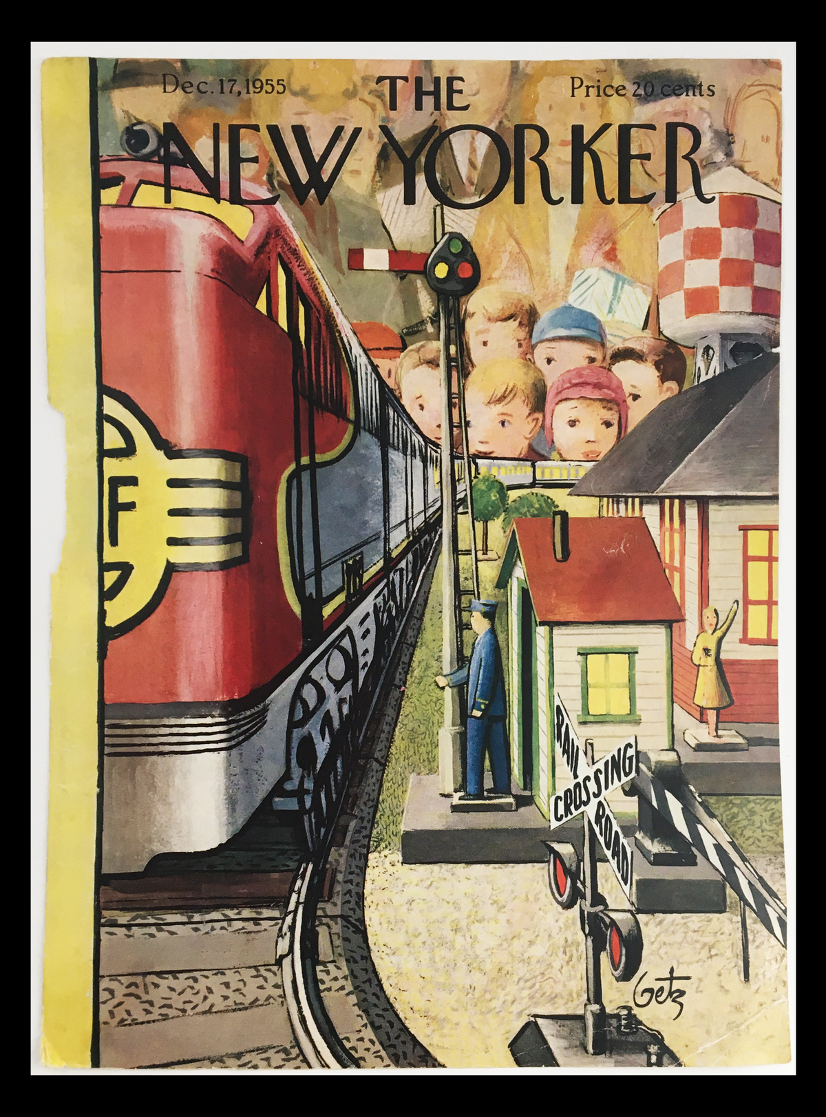 COVER ONLY The New Yorker December 17 1955 Full Cover Theme by Arthur Getz featuring a vintage train scene with children observing at a railroad crossing, colorful and nostalgic cover art.