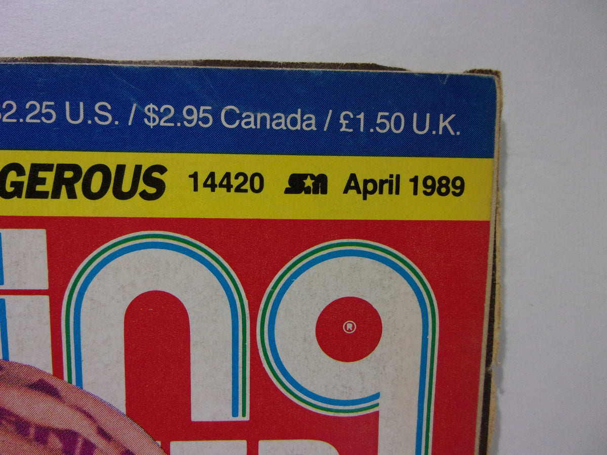 Top corner of the Pro Wrestling Illustrated April 1989 magazine showing the publication date and price, highlighting its collectible status.