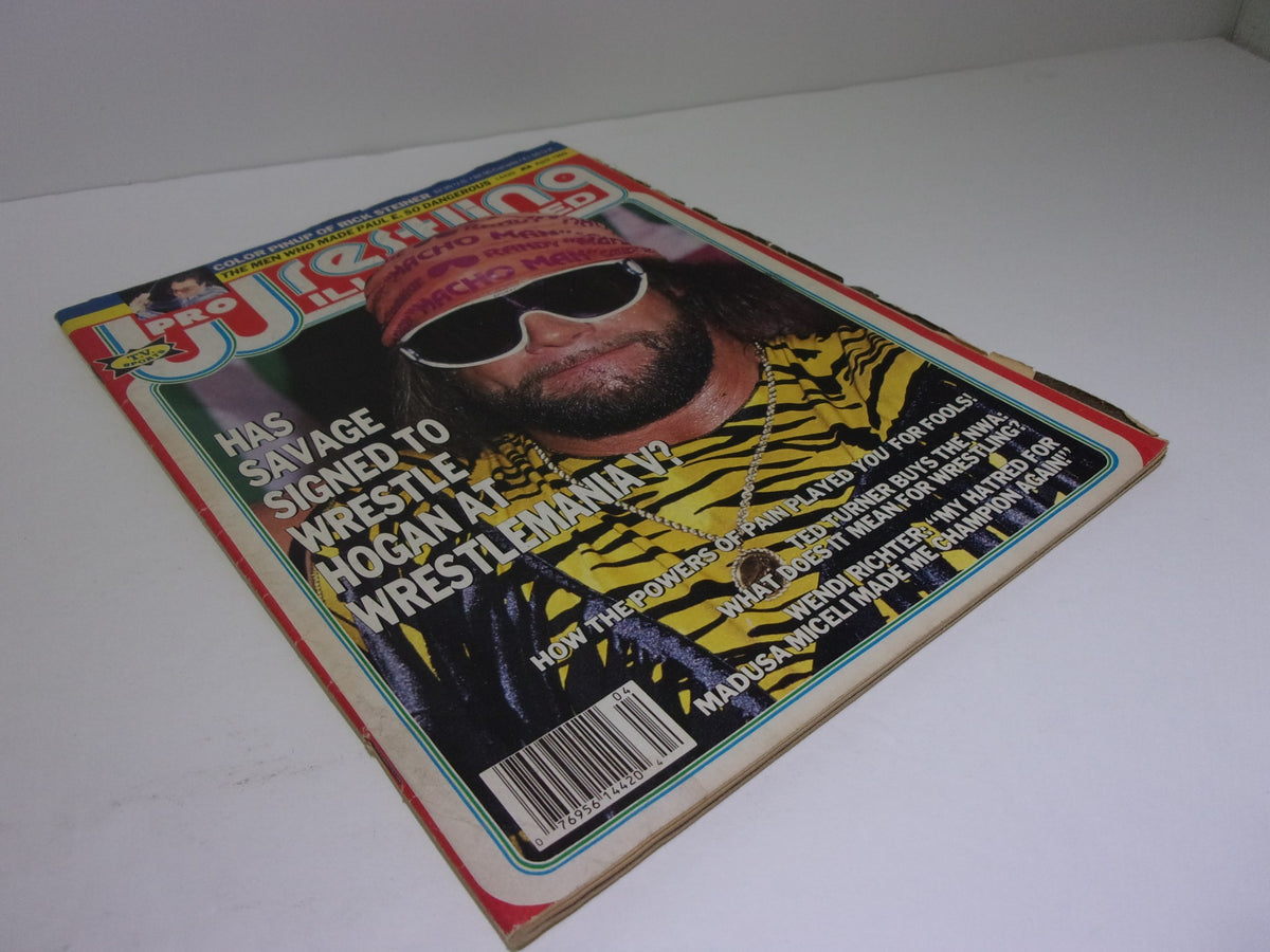 Pro Wrestling Illustrated April 1989 magazine featuring Wendi Richter and Randy Savage on the cover, showcasing a colorful design with Randy Savage wearing sunglasses and a tiger-striped outfit.