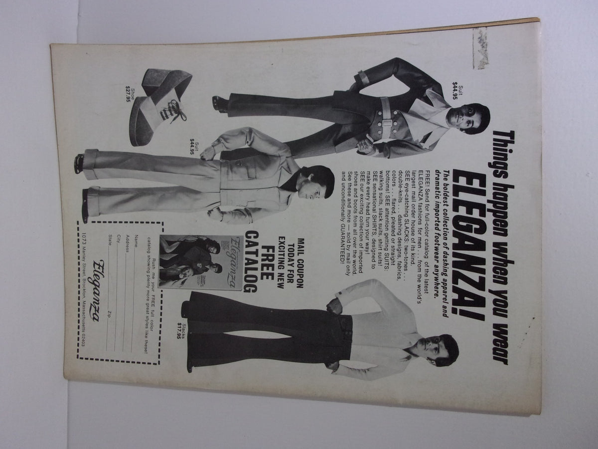 Advertisement from the back cover of the Wrestling Guide August 1973 featuring Men's fashion styles from Eleganza, adding a cultural context to the era.