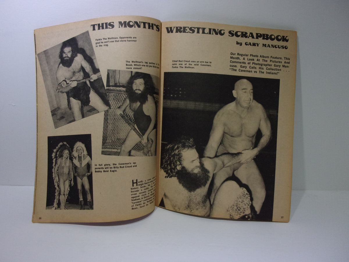 Inside pages of the Wrestling Guide August 1973 showcasing wrestling action and commentary, featuring 'This Month's Wrestling Scrapbook' highlighting iconic matches.