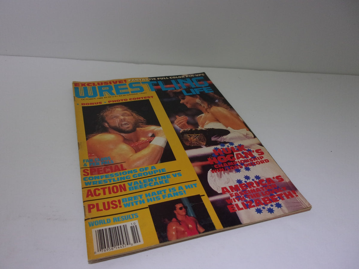 Wrestling Life Magazine October 1988 cover showcasing Randy Savage and Elizabeth, featuring enticing headlines about wrestling matches and exclusive contests.