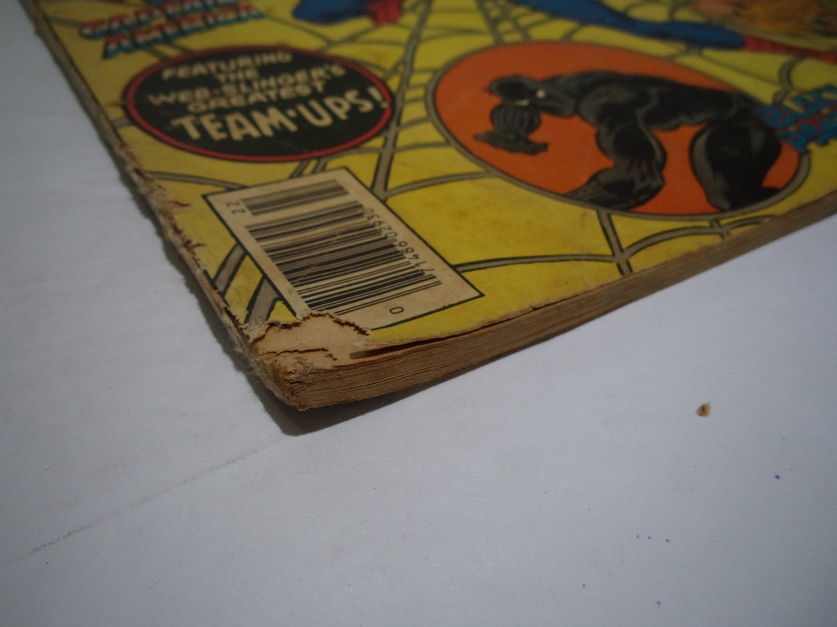 Close-up of the back cover of Marvel Treasury Edition The Sensational Spider-Man #22 showing barcode and age-related wear, emphasizing its collectible nature.