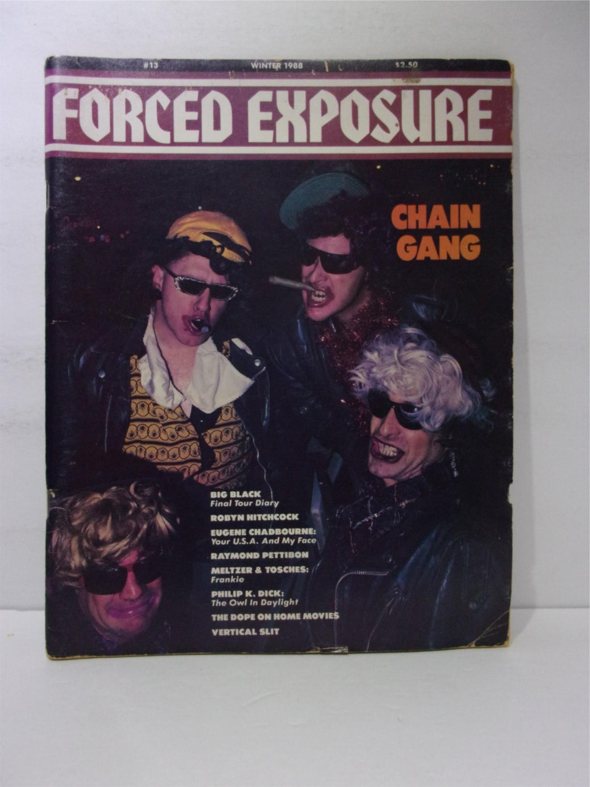 Cover of Forced Exposure Magazine: Chain Gang, Winter 1988 #13 featuring stylish individuals with sunglasses and eclectic fashion, reflecting the vibrant alternative music and art scene of the late 1980s.