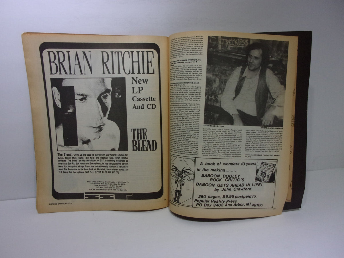 Interior page featuring an article about Brian Ritchie and his new LP, Cassette, and CD in Forced Exposure Magazine: Chain Gang, Winter 1988 #13. The page showcases a vintage design with text and a black-and-white photo of Brian Ritchie.