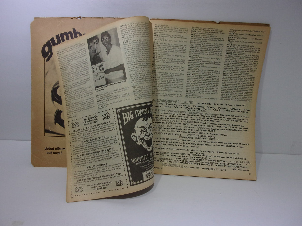 Inner pages of Forced Exposure Magazine #17 displaying text and articles, providing insights into music culture and featured bands from the 1980s.