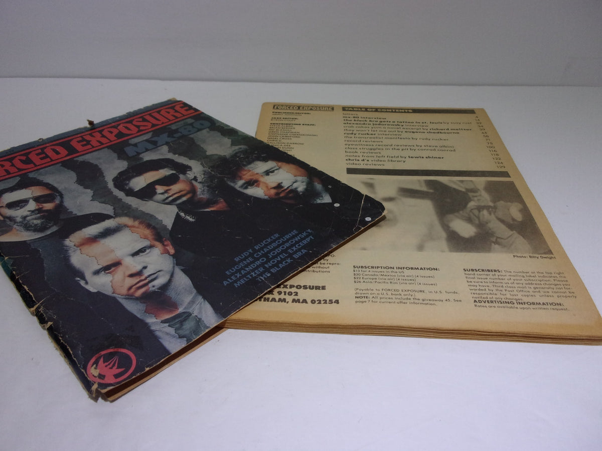 Cover and contents of Forced Exposure Magazine #17 prominently featuring MX-80 and subscription information, perfect for vintage magazine collectors.