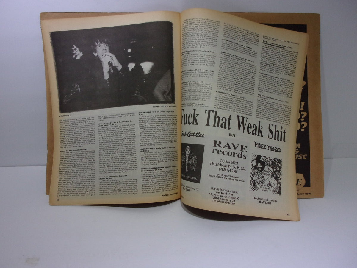 Internal pages of Forced Exposure Magazine #15 displaying text articles and photography of musicians, highlighting the avant-garde music scene of Summer 1989.