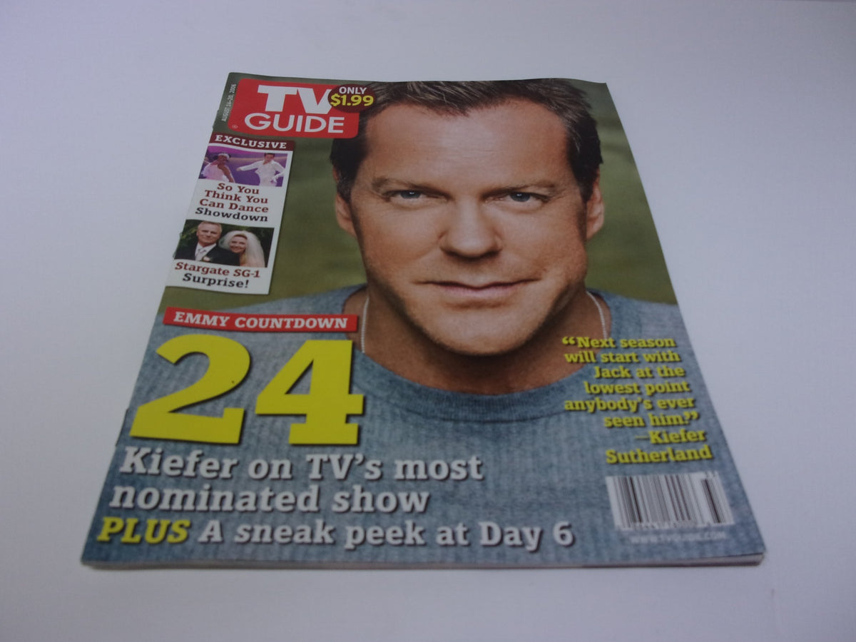 TV Guide August 14-20 2006 featuring Kiefer Sutherland on the cover, highlighting the show '24' and emphasizing its Emmy nominations.