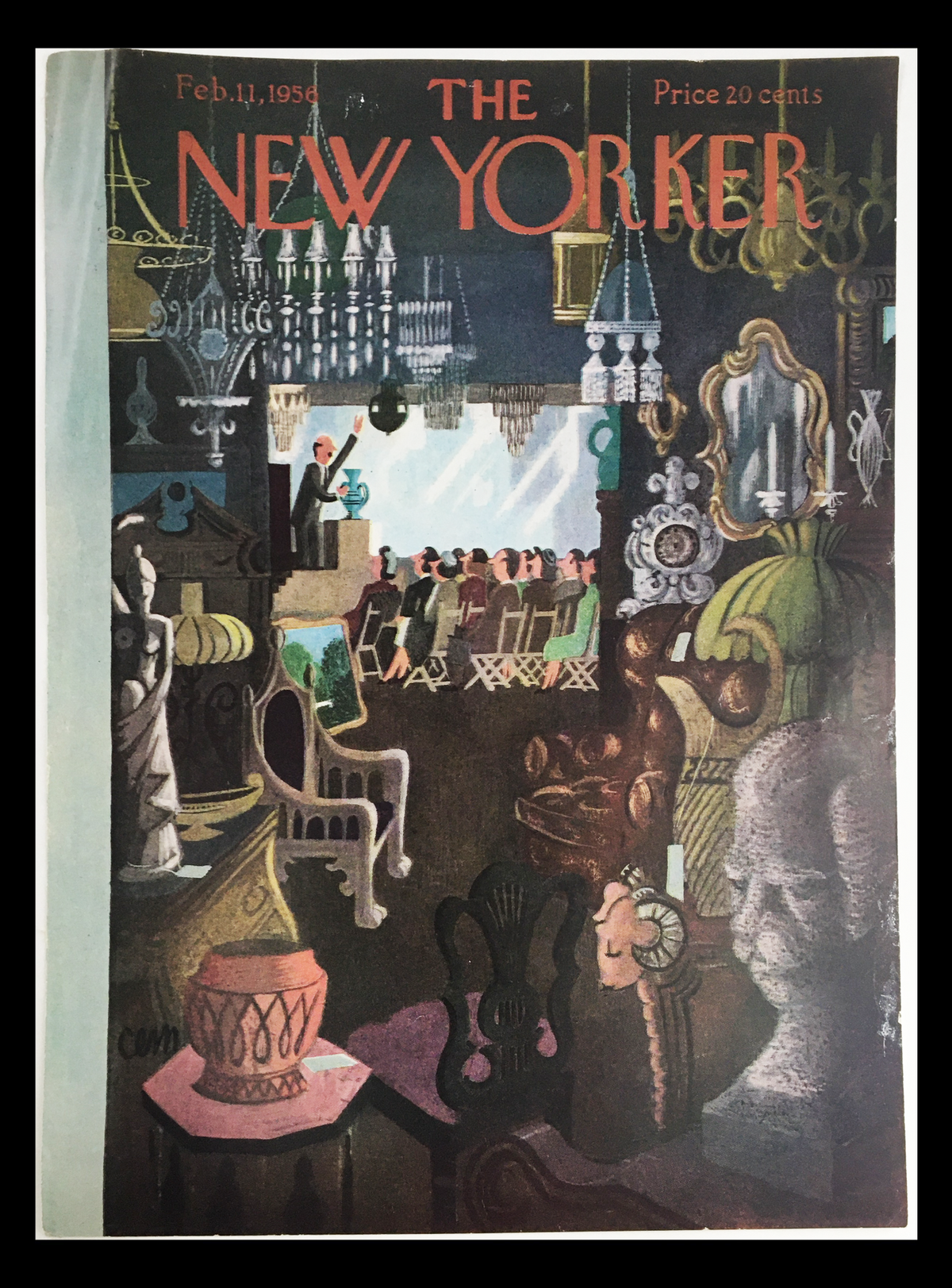 Cover of The New Yorker, February 11, 1956, featuring artwork by Charles E. Martin, showcasing a vibrant scene with chandeliers, an audience, and decorative furniture.
