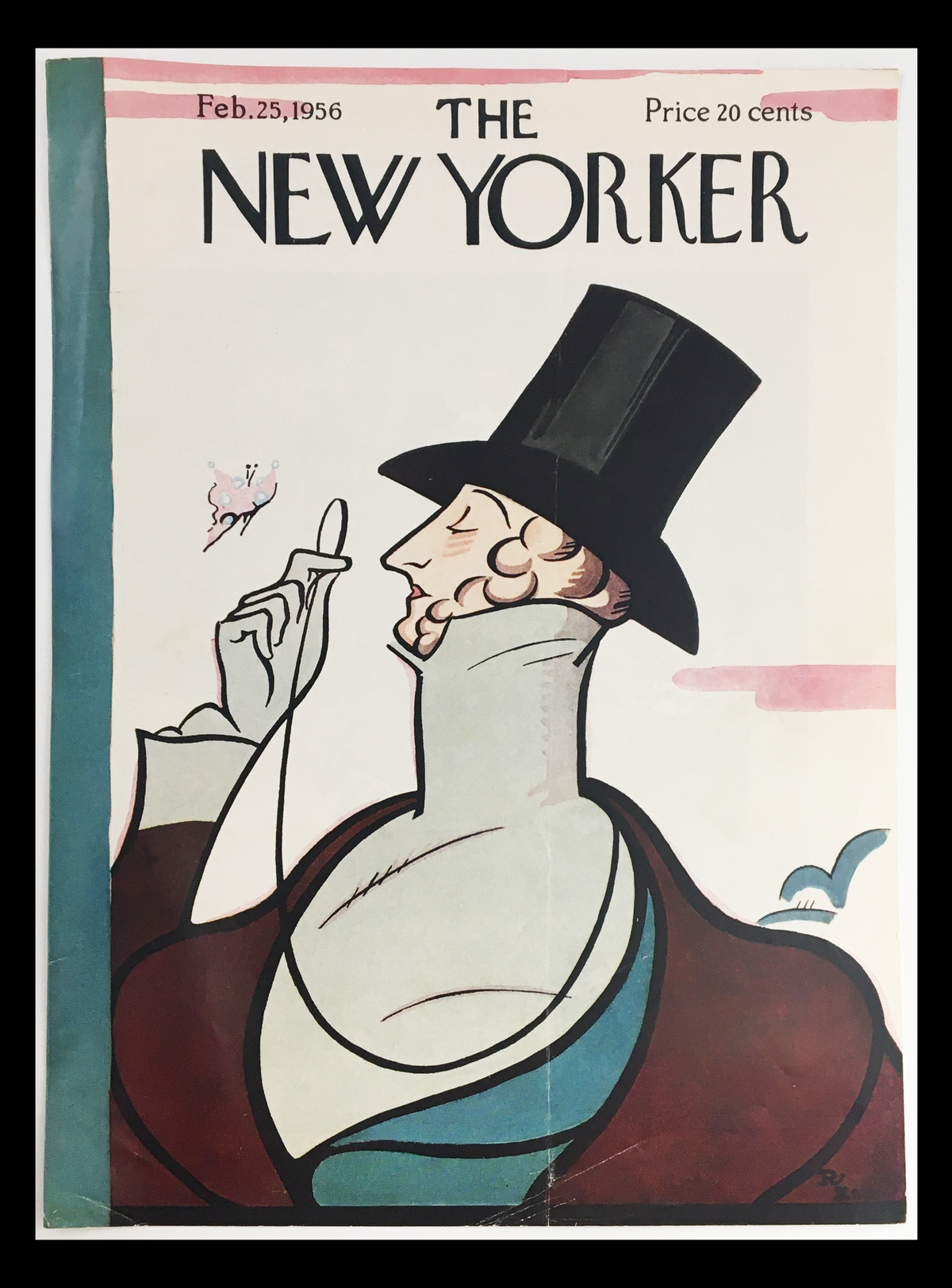 Vintage cover art of The New Yorker dated February 25, 1956, featuring an elegantly dressed gentleman in a top hat, displaying classic artwork by Rea Irvin.