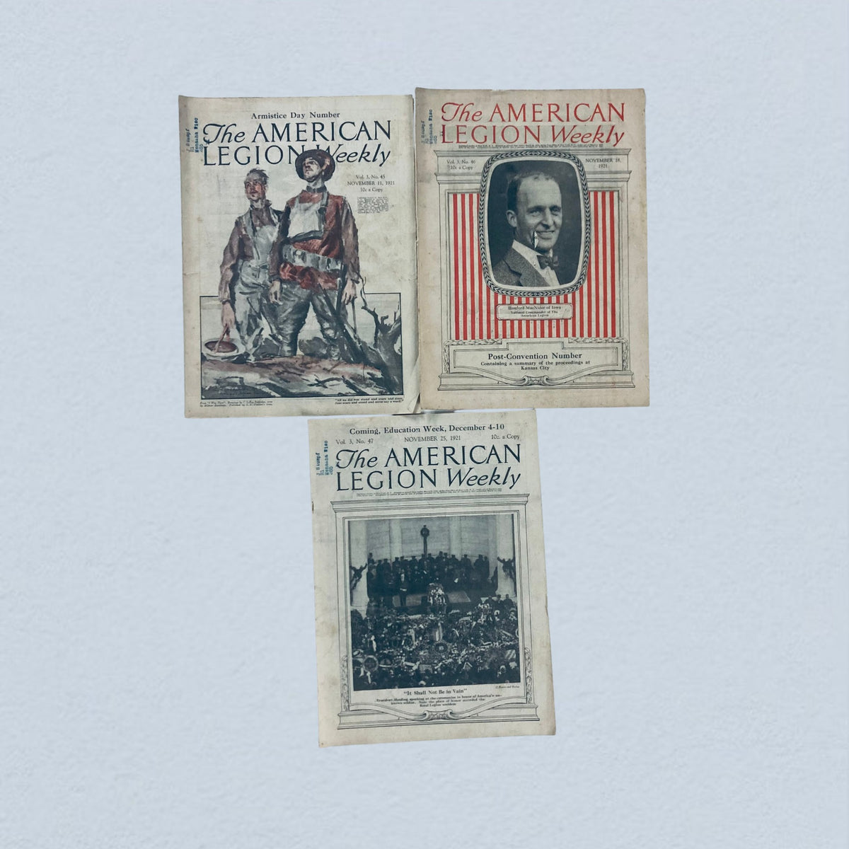 Lot of 40 VTG The American Legion Weekly Magazine including covers from December 1921, with illustrations portraying notable figures and events.