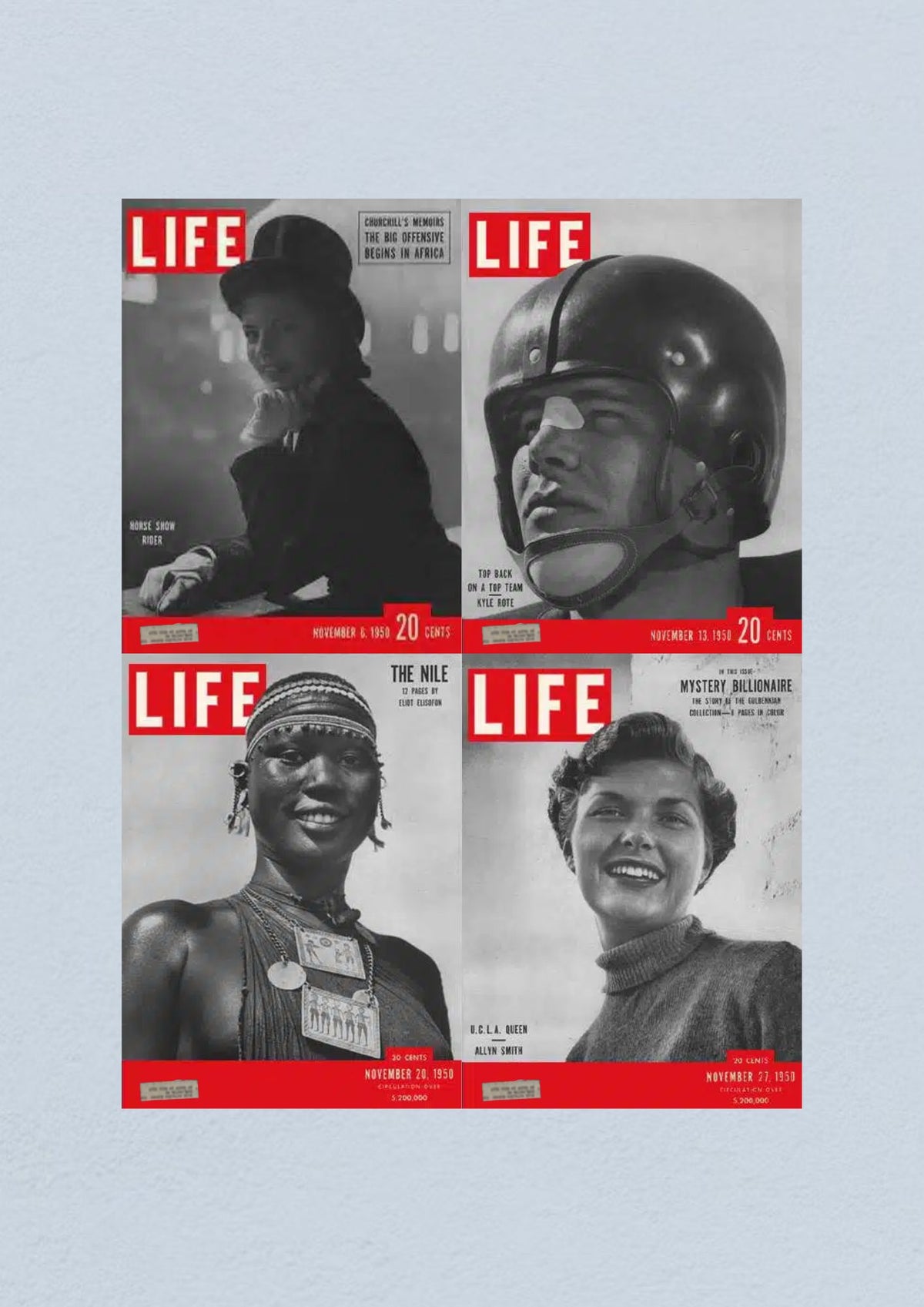 Life Magazine Lot of 4 Full Month November 1950 covers featuring horse show rider from November 6, Kyle Rote from November 13, the Nile River from November 20, and a smiling girl from November 27.