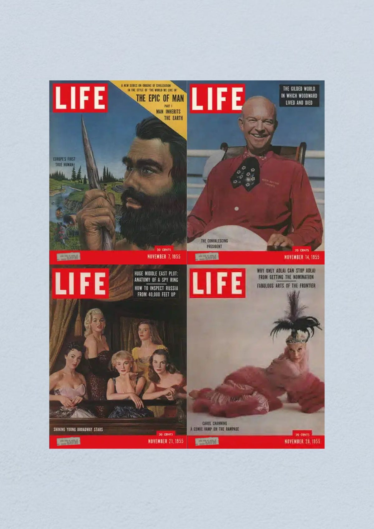 Life Magazine Lot of 4 Full Month November 1955 featuring cover images from November 7 with a depiction of man's beginnings, November 14 highlighting Convalescing President Eisenhower, November 21 showcasing Broadway stars, and November 28 focusing on Carol Channing and arts of the frontier.