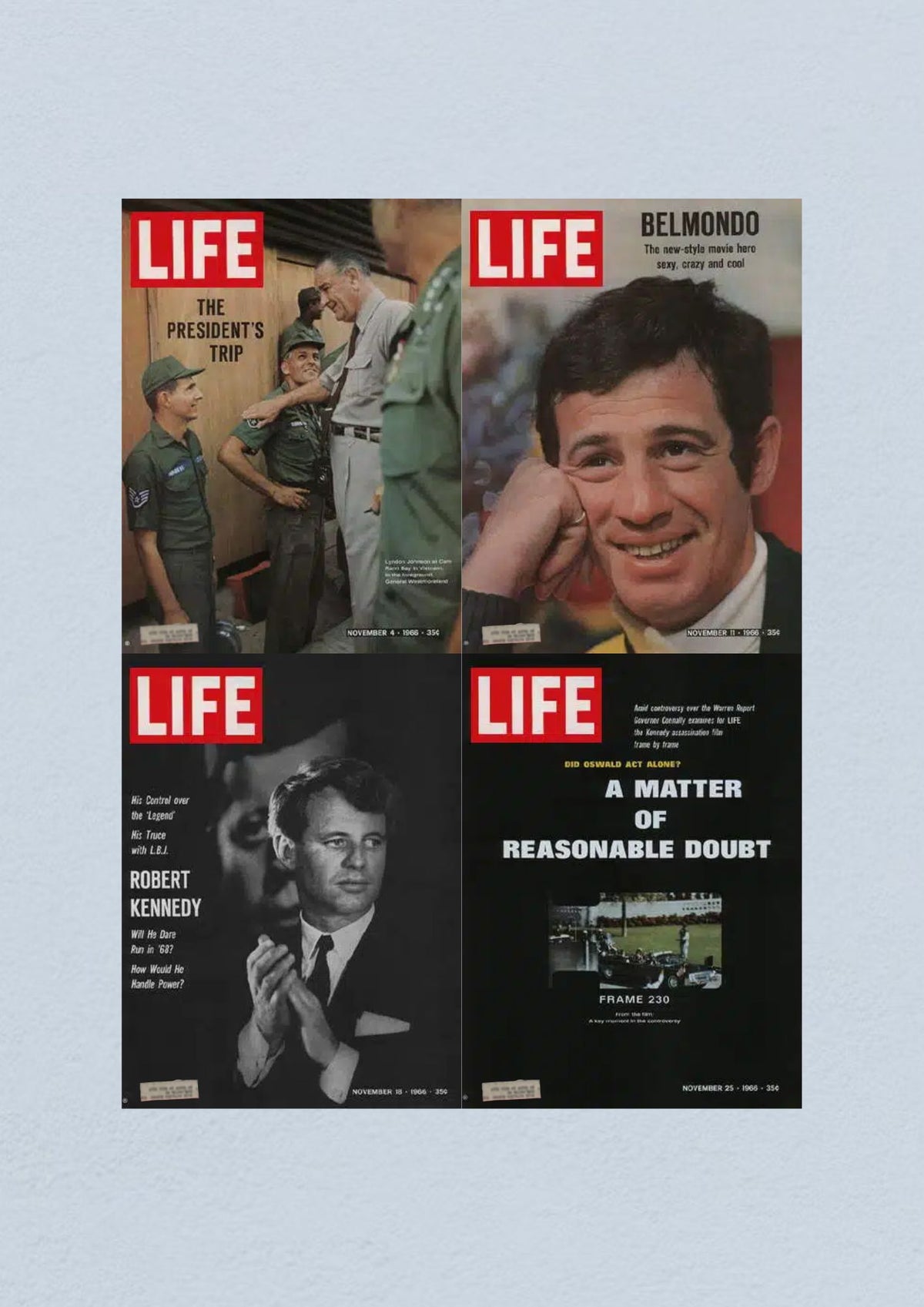 Life Magazine Lot of 4 Full Month of November 1966, displaying the cover of November 25 discussing the Kennedy assassination controversy.
