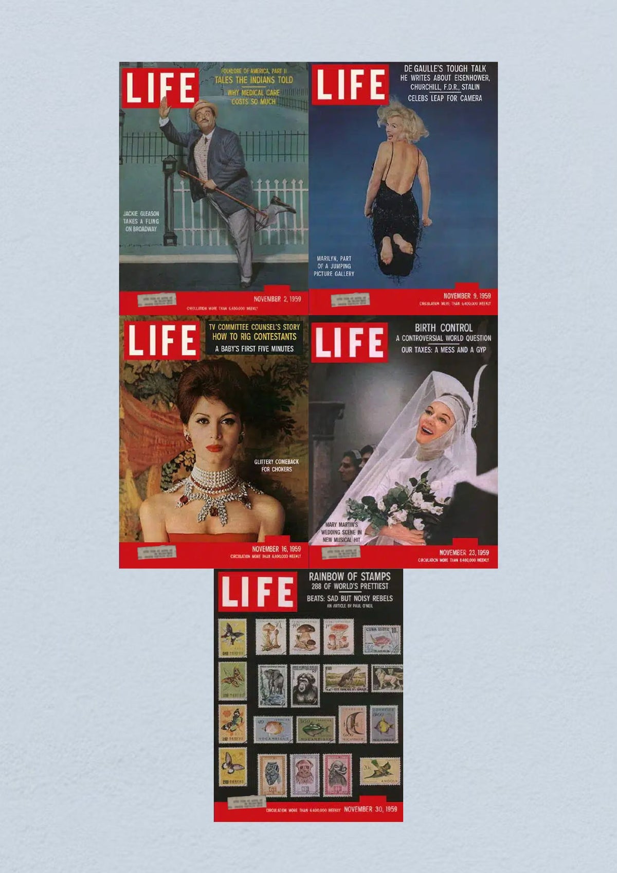 Life Magazine Lot of 5 Full Month of November 1959 featuring covers from November 2 (Jackie Gleason on Broadway), November 9 (Marilyn Monroe), November 16 (Glittery Comeback for Chokers), November 23 (Mary Martin in The Sound of Music), and November 30 (Rainbow of Stamps).