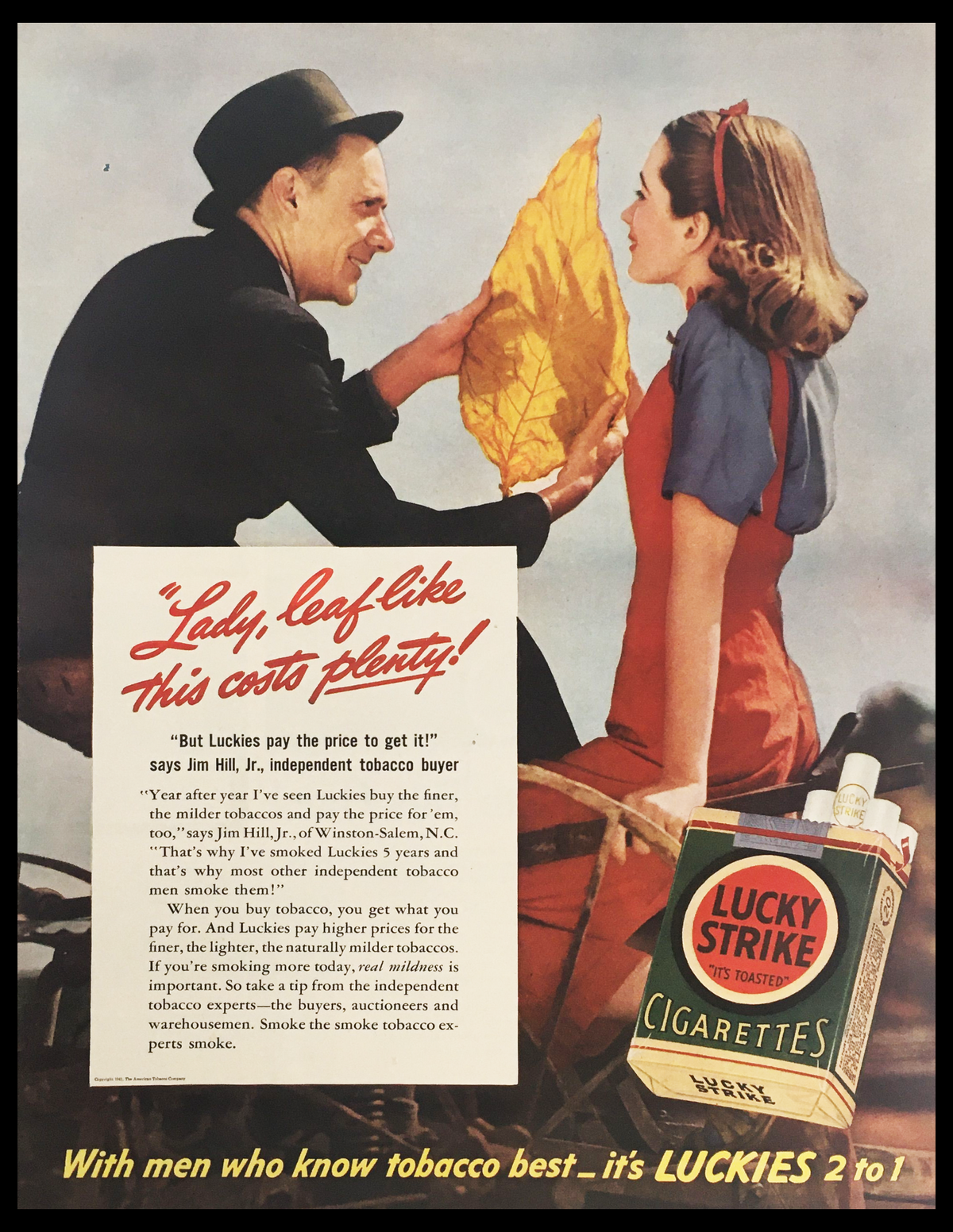 1941 Lucky Strike Toasted Cigarettes vintage print ad featuring a tobacco buyer and a woman holding a large tobacco leaf, showcasing the iconic advertising style of mid-20th century Americana.