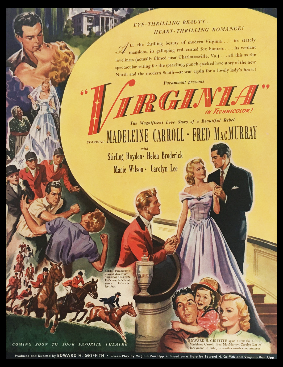 1941 Paramount Presents Virginia in Technicolor Print Ad showcasing vibrant vintage design featuring stars Madeleine Carroll, Fred MacMurray, and other cast members. The advertisement captures the essence of classic cinema from the 1940s, highlighting the film's romantic themes and artistry.