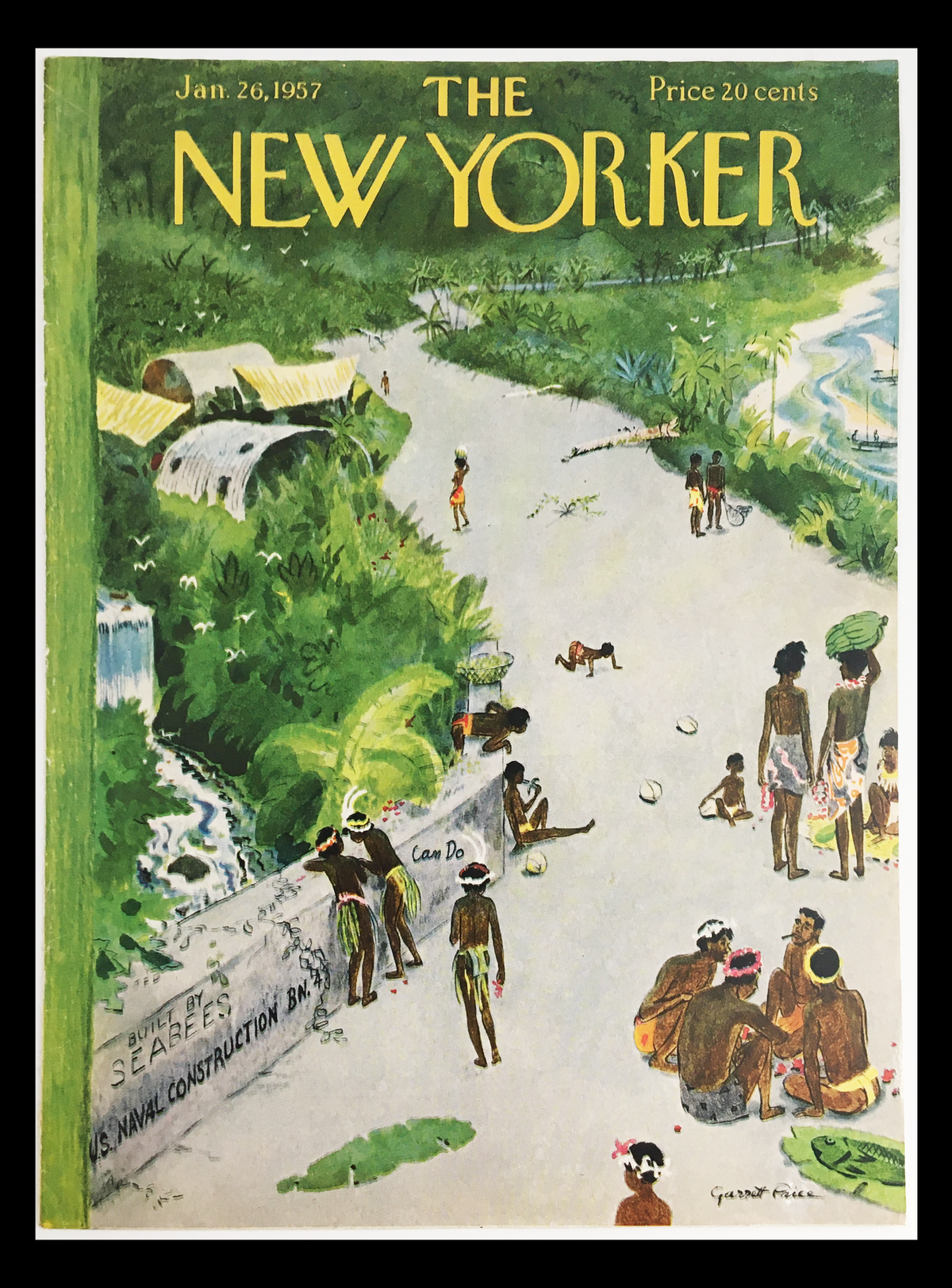COVER ONLY The New Yorker January 26 1957 featuring a colorful illustration by Garrett Price, depicting a lively scene with tropical landscapes and people engaging in daily activities.