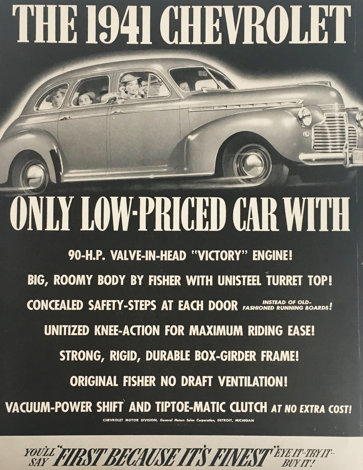 1941 Chevrolet Classic Low-Priced Car Vintage Print Ad featuring a sleek design, showcasing the car's features and specifications, ideal for collectors and automotive enthusiasts.