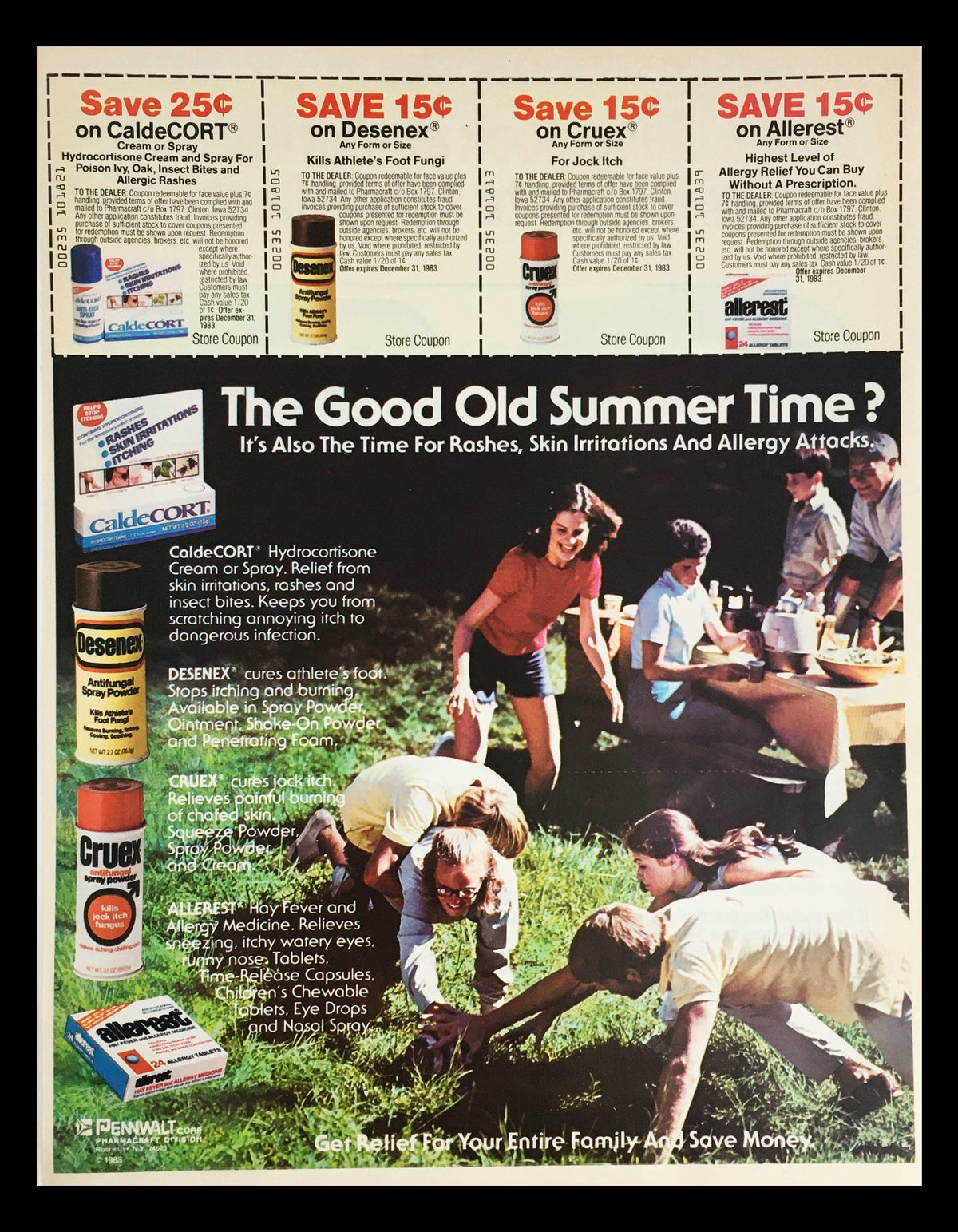 1983 Calde Cort Spray Powder Ointment Antifungal Circular Coupon Advertisement featuring various health products and coupons for savings on treatments like Desenex and Cruel. This vintage ad showcases a summer scene with people enjoying the outdoors.