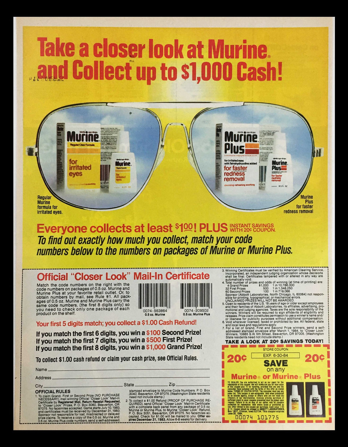 1983 Calde Cort Spray Powder Ointment Antifungal Circular Coupon Advertisement highlighting Murine Plus with a cash prize opportunity for a 'Closer Look'. The image features sunglasses reflecting product details and promotions.