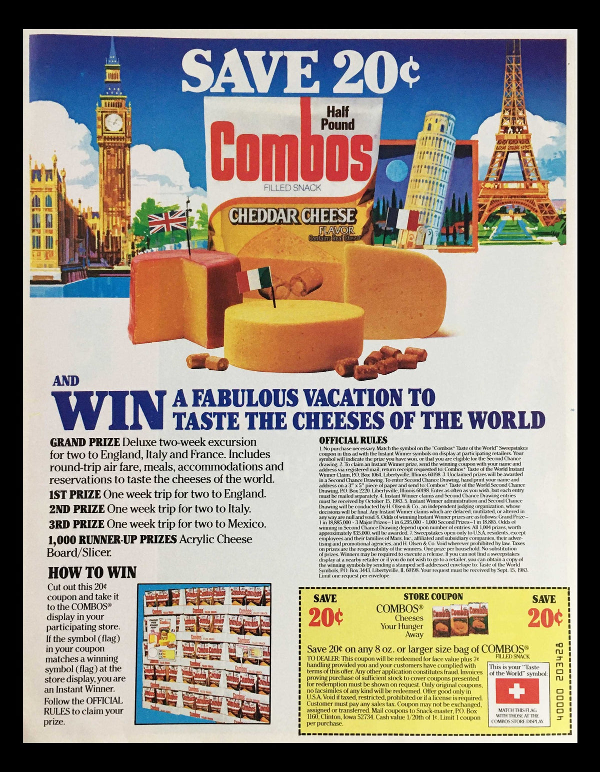 1983 Half Pound Combos Cheese-Filled Snack Circular Coupon Advertisement showcasing a promotional vacation contest with cheese products and landmarks. Includes details about savings and coupon information.