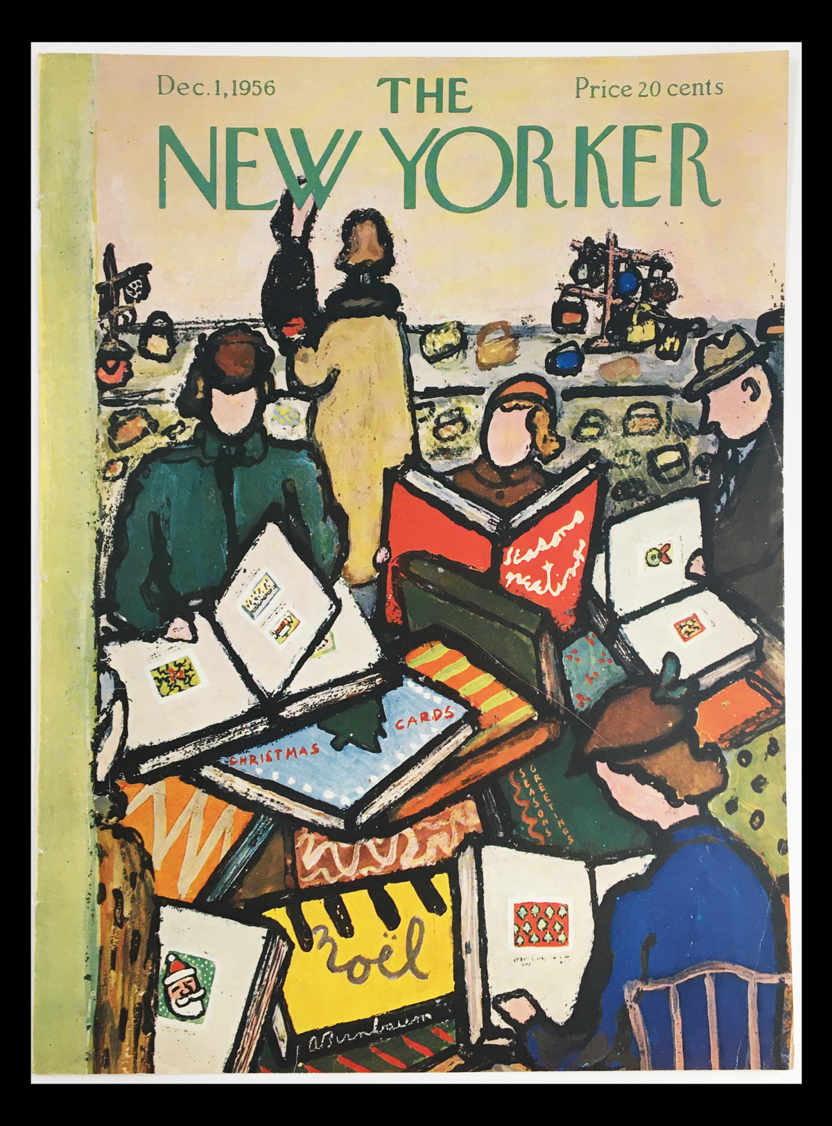 COVER ONLY The New Yorker December 1 1956 Full Cover Theme by Abe Birnbaum, showcasing an artistic representation of people browsing Christmas cards at an outdoor market.