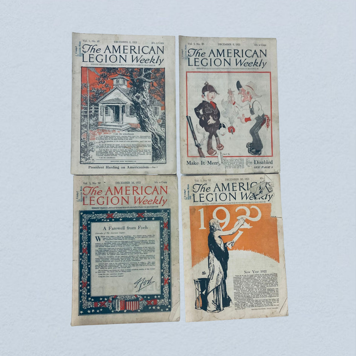 Lot of 40 VTG The American Legion Weekly Magazine showing festive covers from December 1921, celebrating the holiday season and New Year's themes.