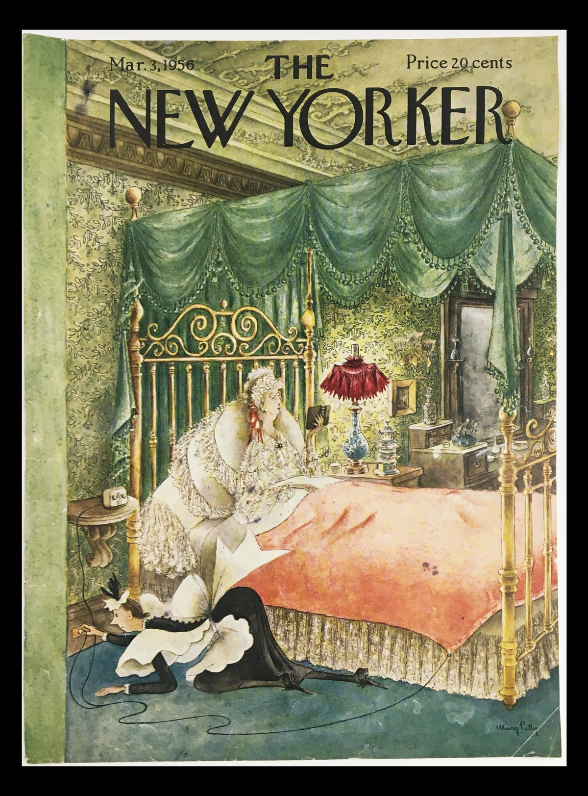 COVER ONLY The New Yorker March 3 1956 Full Cover Theme by Mary Petty featuring a detailed illustration of a woman in a lavish bedroom with vintage decor.