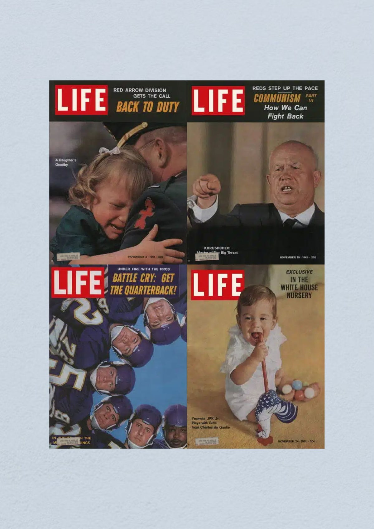 Life Magazine Lot of 4 Full Month November 1961 Cover for November 24, celebrating John F. Kennedy Jr.'s first birthday, featuring an adorable image of the young JFK Jr. in the White House nursery.