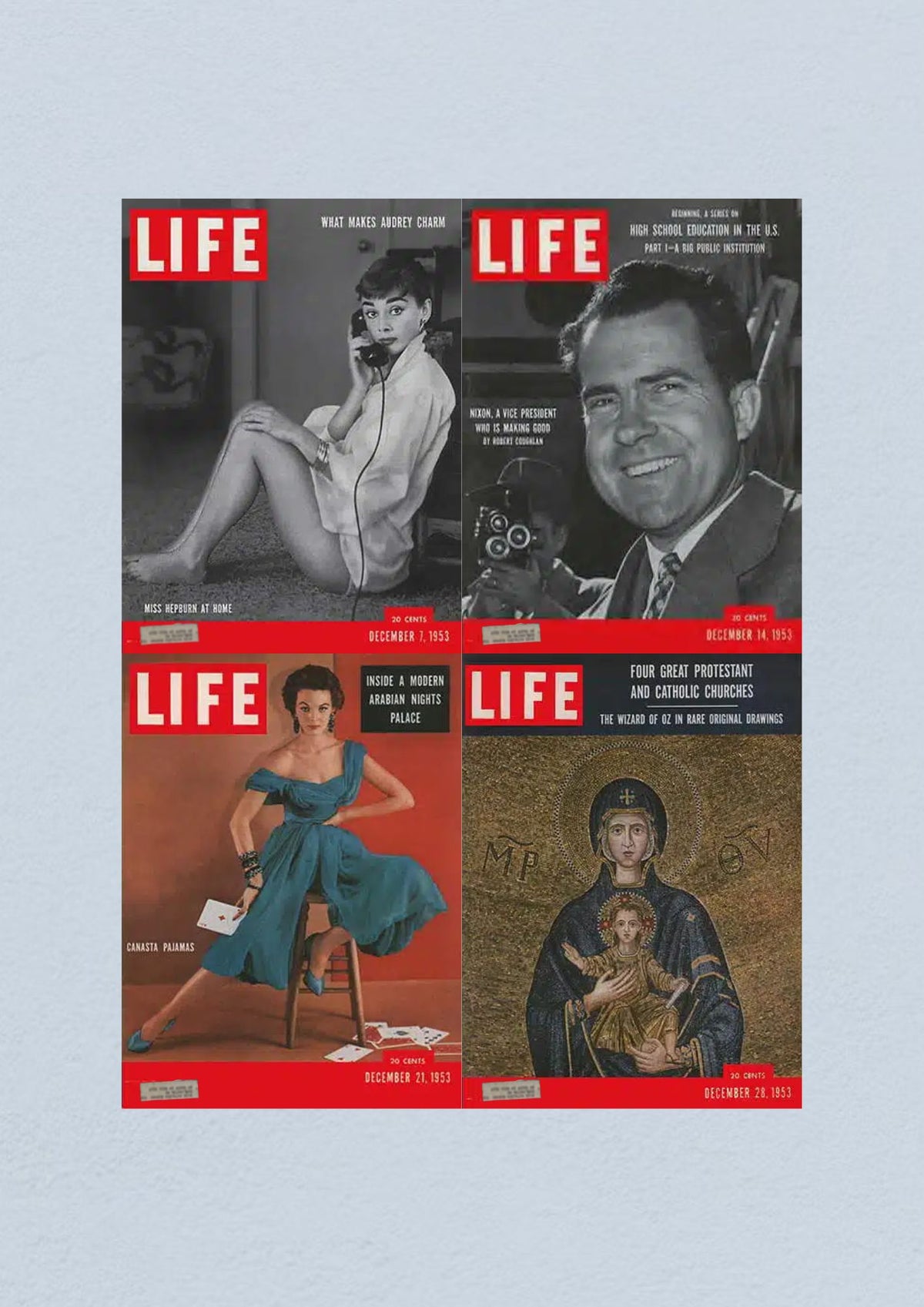 Cover collage of Life Magazine Lot of 4 Full Month December 1953 featuring Audrey Hepburn on December 7, Vice President Nixon on December 14, Canasta Pajamas fashion on December 21, and an illustration related to Protestant and Catholic churches on December 28.
