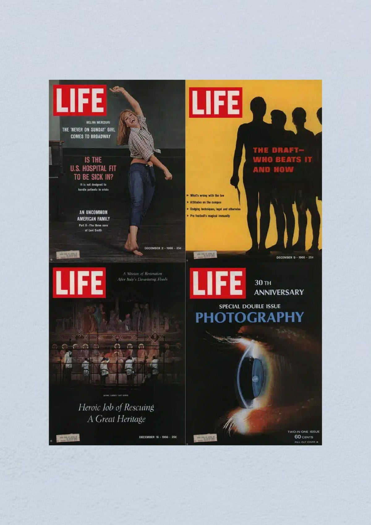 Life Magazine Lot of 4 Full Month of December 1966 showcasing covers from December 2, 9, 16, and 23 with features on Broadway, the draft, and photography.