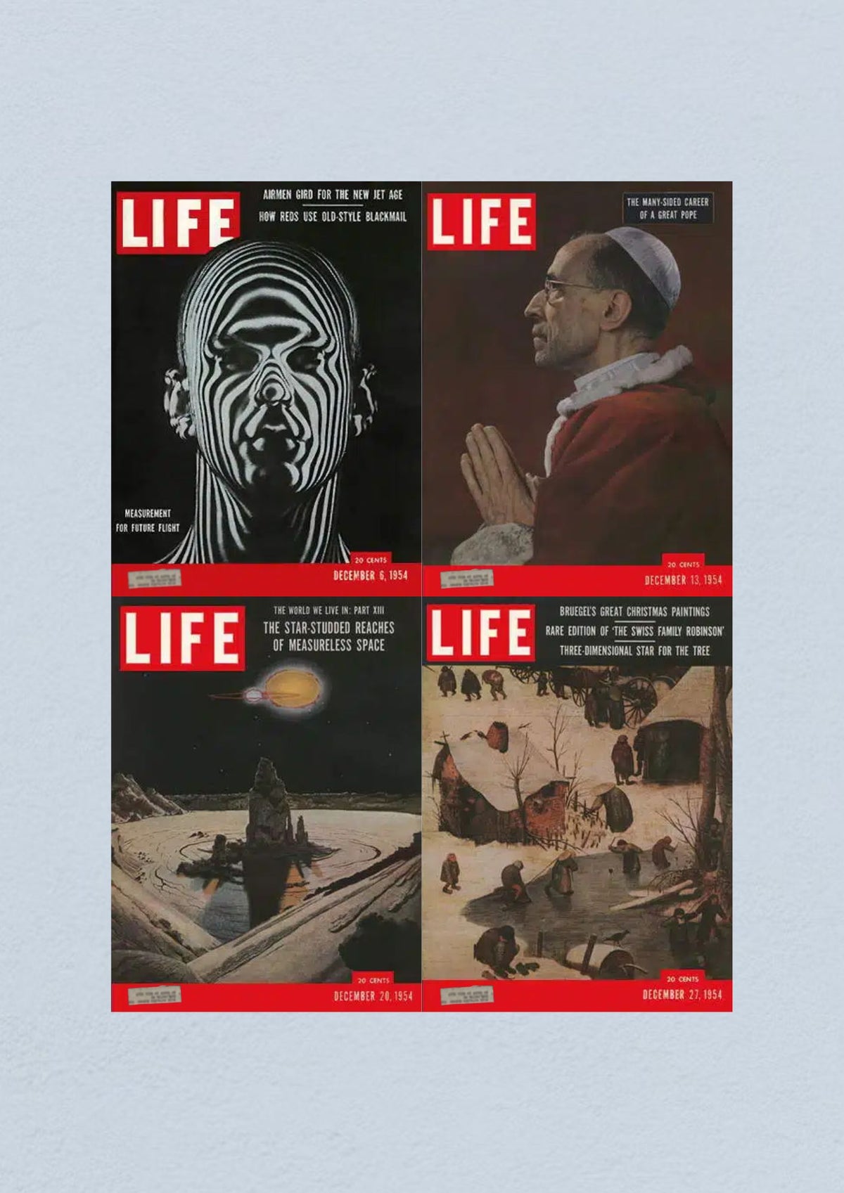 Life Magazine December 27, 1954 cover illustrating a winter scene with people in traditional attire, part of a historical collection featuring four full issues from December 1954.