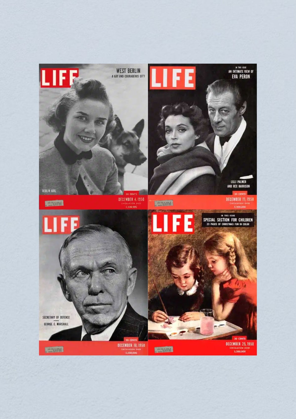 Life Magazine Lot of 4 Full Month December 1950 showcasing the covers for the issues dated December 4, 11, 18, and 25 featuring notable figures and topics from mid-20th century America.