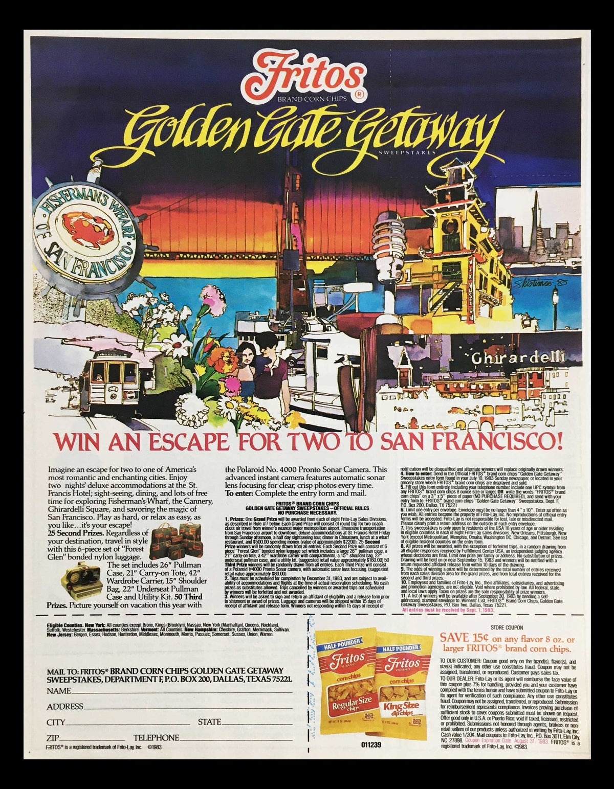 1983 Fritos Golden Gate Getaway Sweepstakes Circular Coupon Advertisement featuring a vibrant illustration of San Francisco landmarks and a promotional offer to win an escape for two to San Francisco. Good condition with an original vintage design.