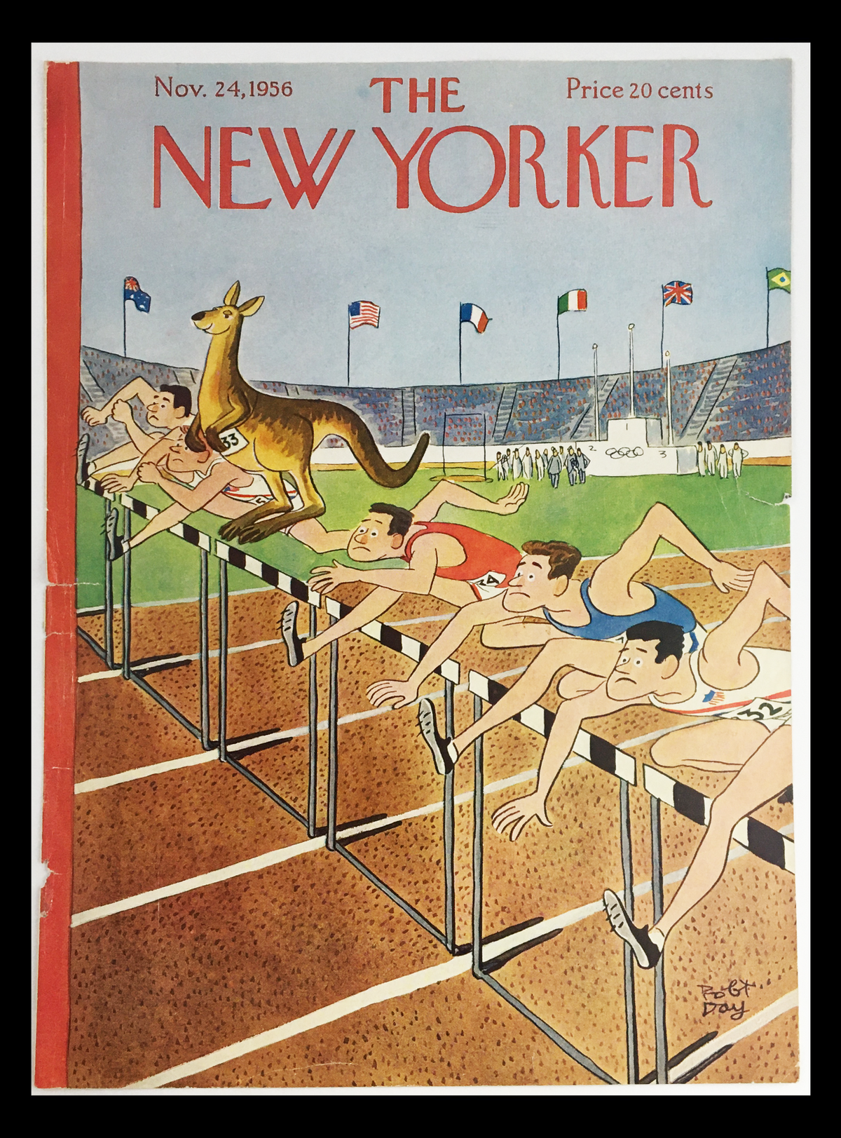 Cover of The New Yorker, November 24, 1956 featuring an illustration by Robert J. Day with runners and a kangaroo in a sporting scene.