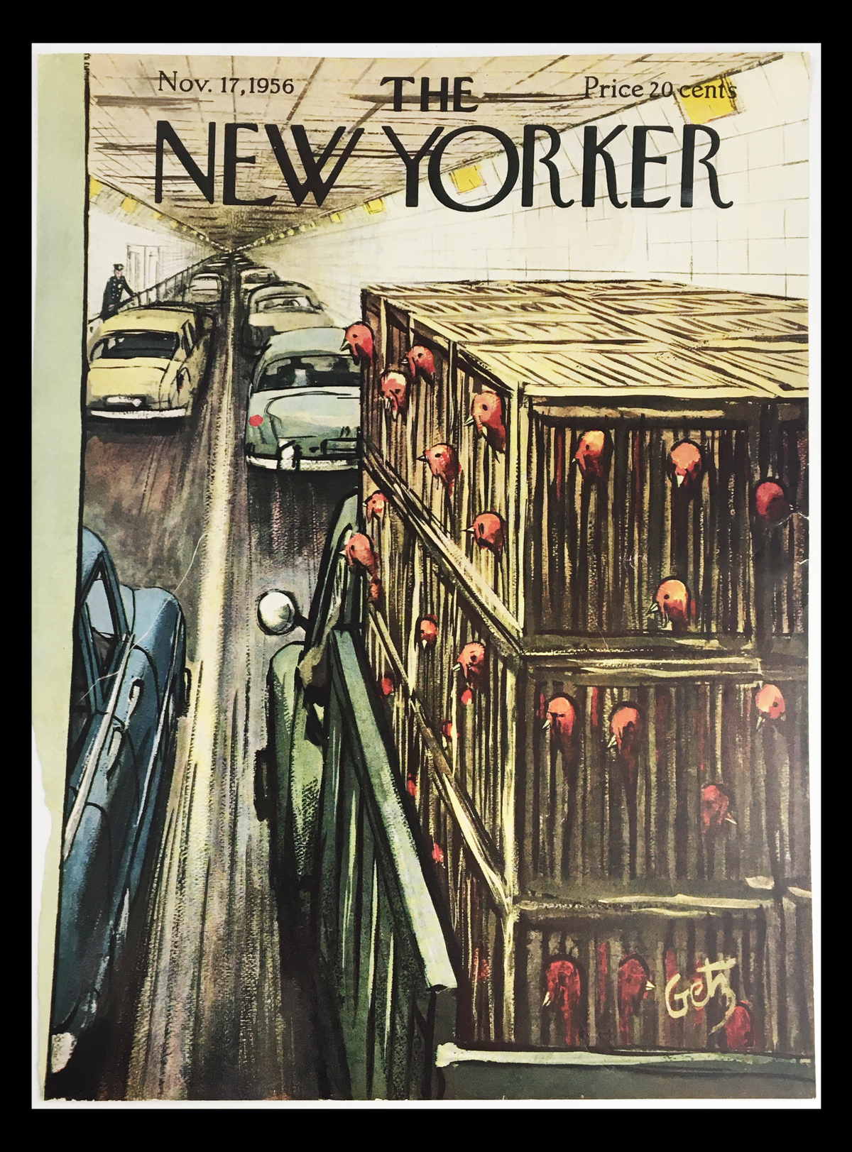 Cover Only of The New Yorker November 17 1956, featuring a vintage illustration by Arthur Getz depicting a street scene with cars and wooden crates.