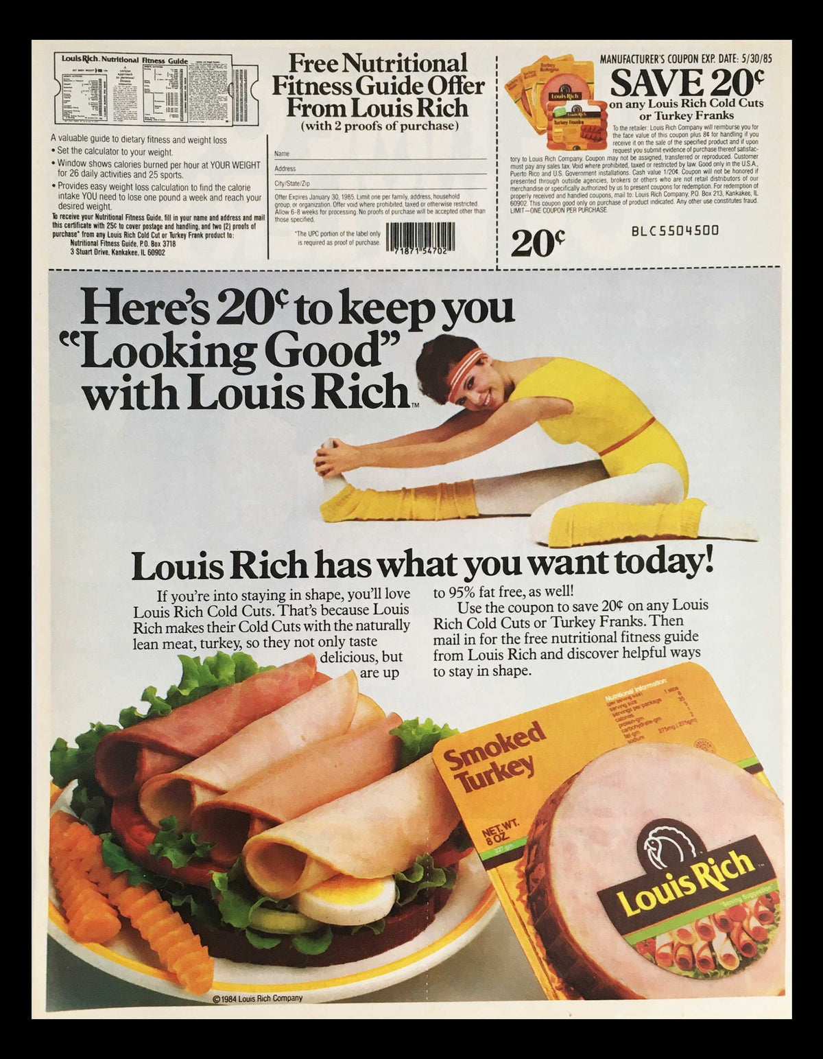 1985 Louis Rich Smoked Turkey Circular Coupon Advertisement featuring a woman exercising and promoting the brand's low-fat cold cuts, showcasing a colorful platter of deli meats.