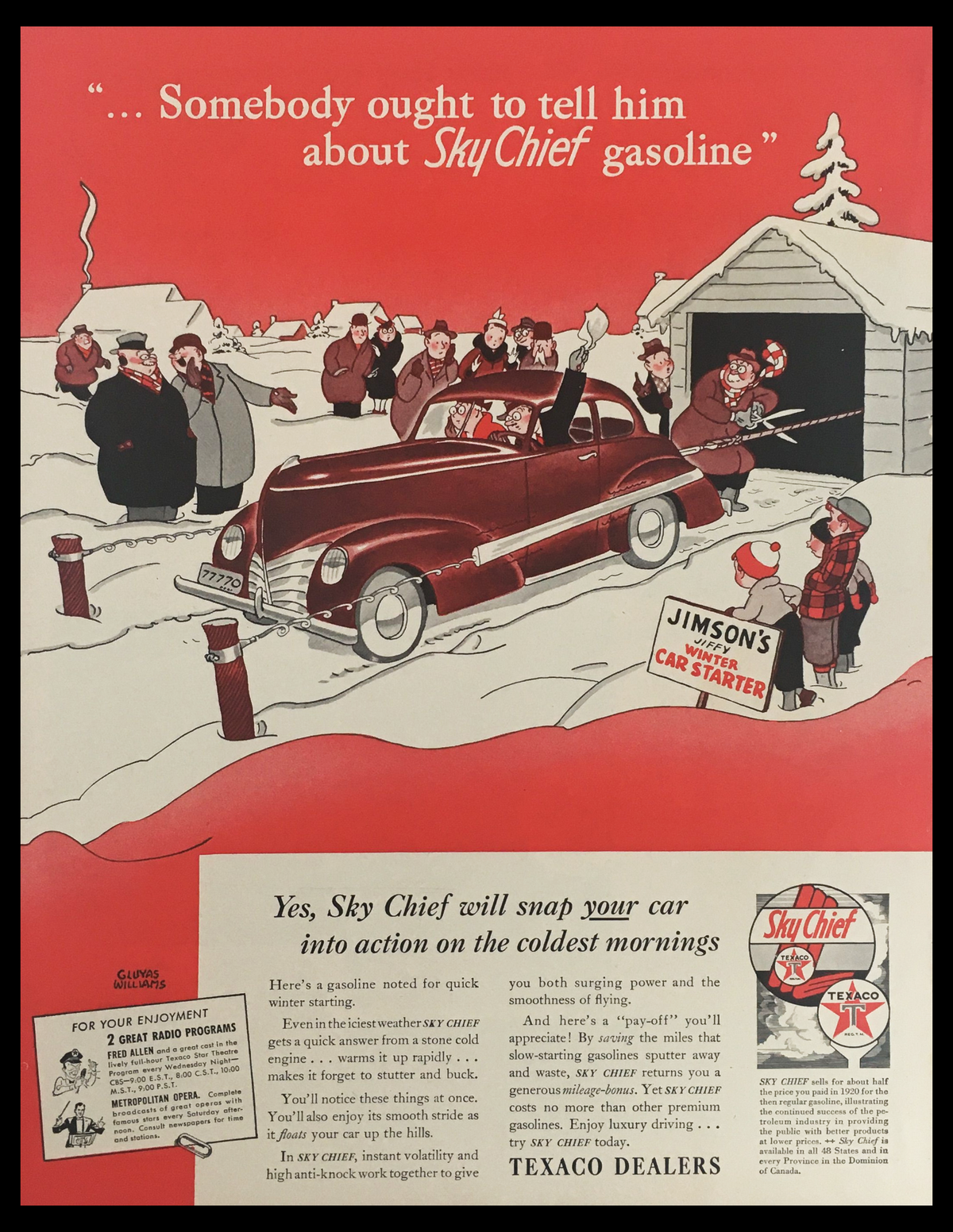 1941 Texaco Dealers Sky Chief Gasoline Vintage Print Ad featuring a classic car in a snowy scene with people surrounding it, highlighting the nostalgic charm of the Texaco Sky Chief line.