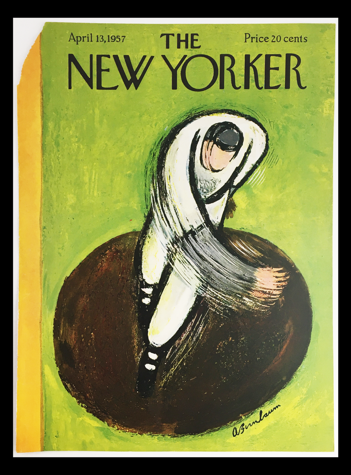 Cover Only The New Yorker April 13 1957 featuring vibrant artwork by Abe Birnbaum, showcasing a seated figure against a green background, capturing mid-century artistic style.
